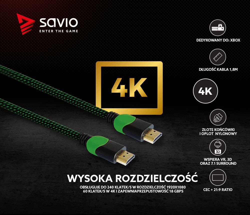 Kabel HDMI 2.0 dedykowany do XBOX zielono-czarny 1,8m, GCL-03